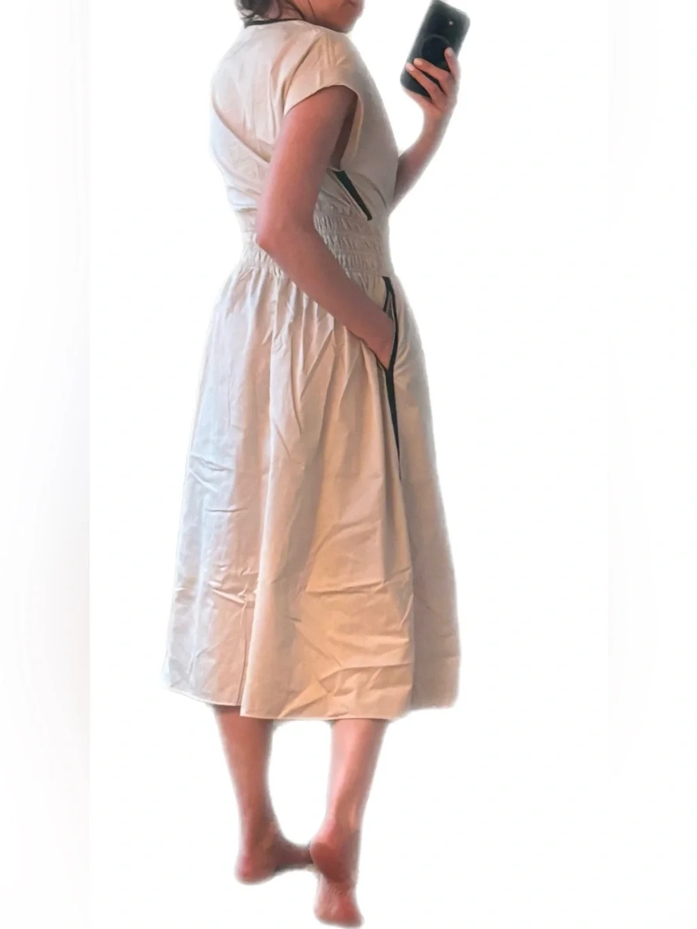 Beige/Cream Smocked Waist Midi Dress with Contrast Trim - Picture 8 of 9